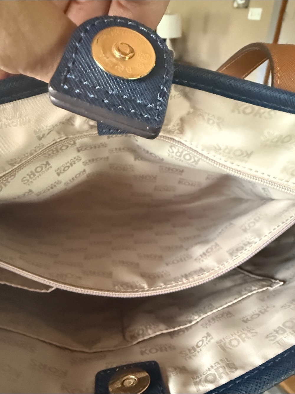 Michael Kors Navy and White Striped Tote with Brown Handles - Picture 10 of 10